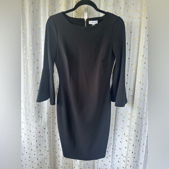 Calvin Klein Quarter Bell Sleeve Crew Neck Exposed Back Zip Sheath Dress 4 - Picture 3 of 7